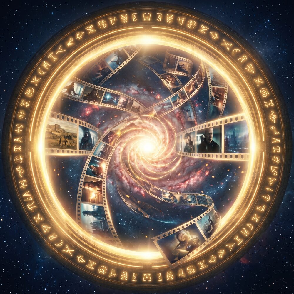 A golden rune-ringed portal with film strips spiralling into a galaxy